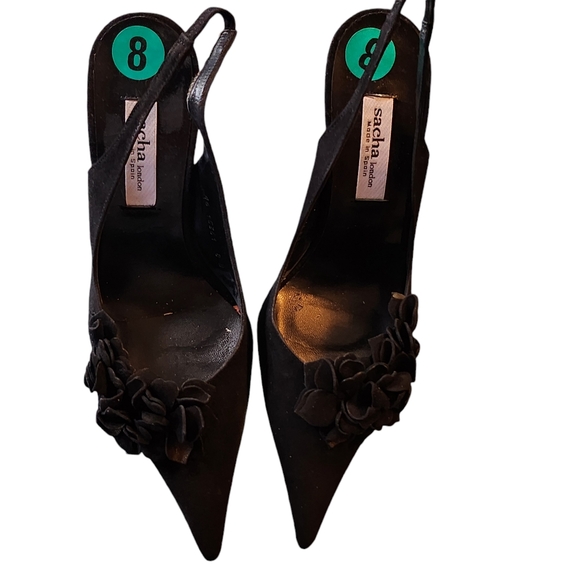 NWTB Sacha London Blanca Black Leather Suede Pointy Toe Slingback Heels Size 8B - Picture 2 of 15